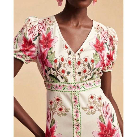 Pink Tropical Floral V-Neck Button Front Maxi Dress Size Large Cream - Picture 4 of 13